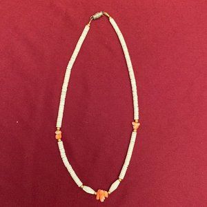 White Heishe (Shell) Strands Necklace with pink coral shells. 7.5" Long.